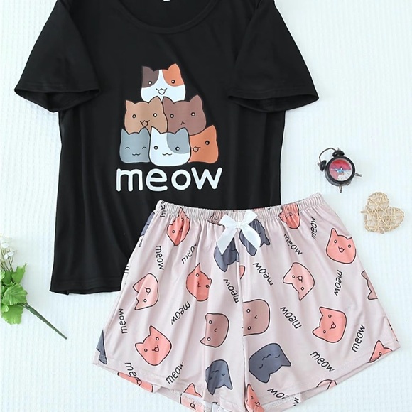 Black and Pink Cat Print Pajama Set - Picture 1 of 8